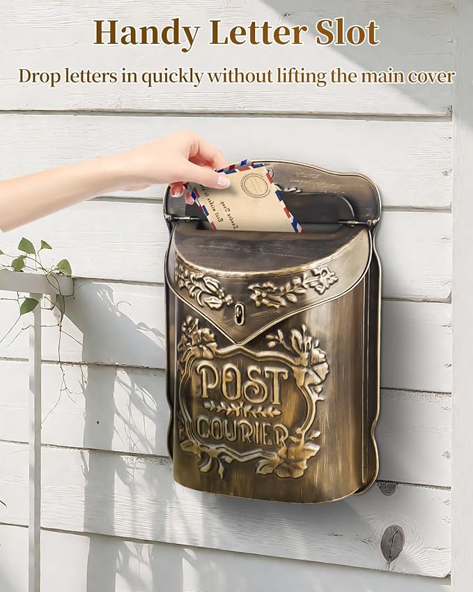 Uniclife Wall Mount Mailbox, Mailboxes for Outside, Decorative Vintage Mailbox, Metal Mail Box for House Decorations, Door Mail Box Decor for Home Garden & Outdoor, (No Locking Mechanism)