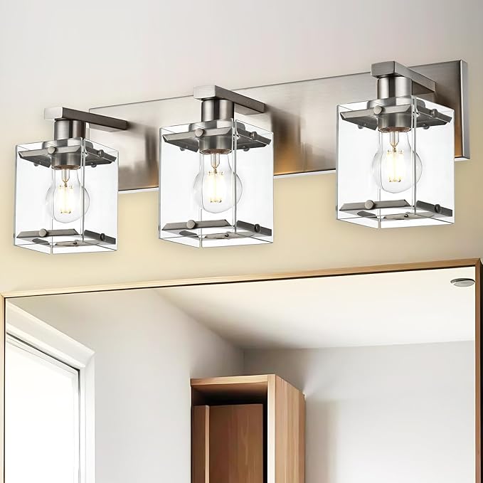 3-Lights Bathroom Wall Light Fixtures E26 Bulb Base, Brushed Nickel Vanity Lighting Fixtures Over Mirror with Clear Glass Shades for Living Room Hallway Kitchen