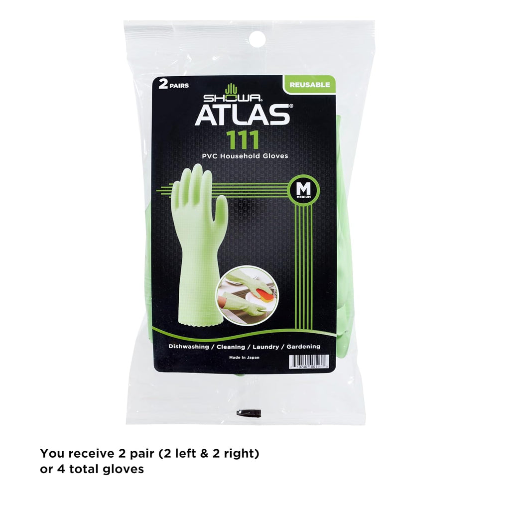 SHOWA 111 Skin-Friendly Cleaning Gloves, Dishwashing Kitchen Gloves with Cotton Flocked Liner, Reusable, Non-Slip, Made in Japan, Medium (2 Pair)