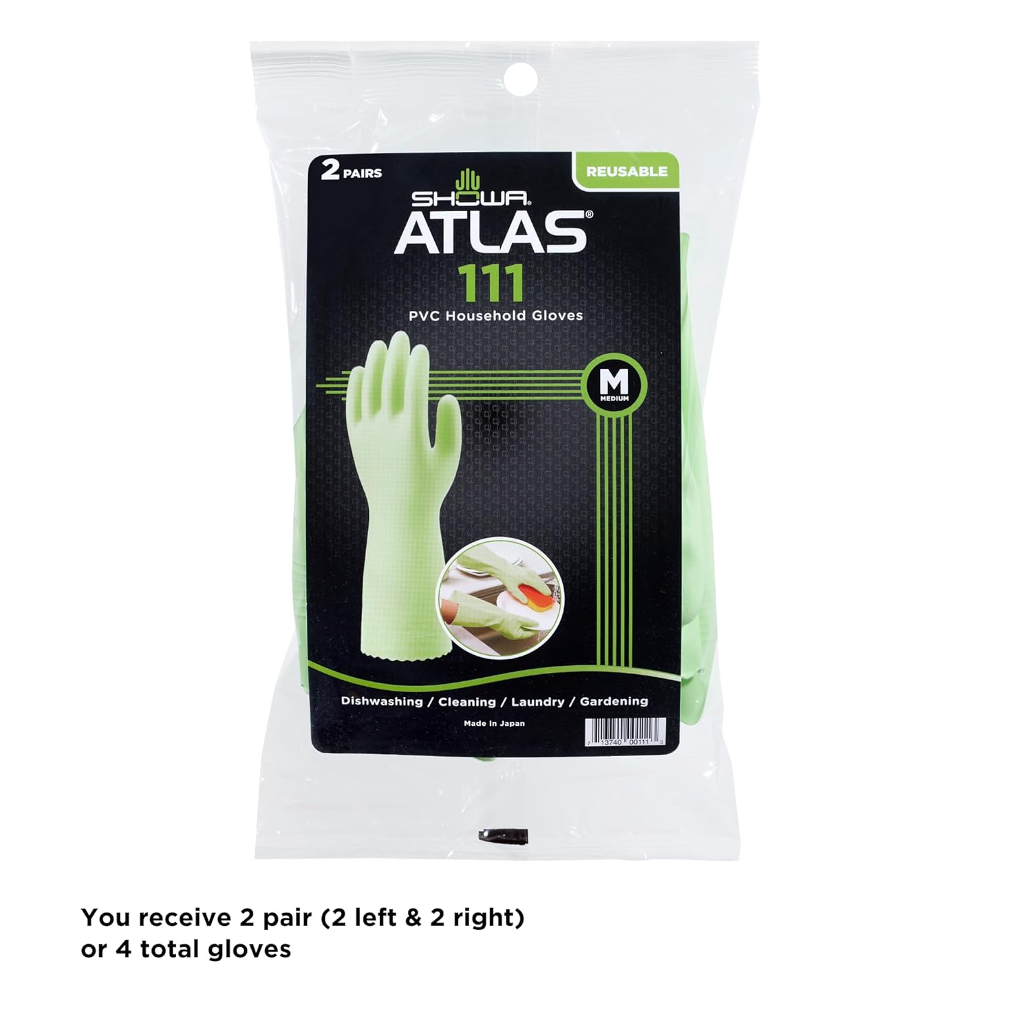 SHOWA 111 Skin-Friendly Cleaning Gloves, Dishwashing Kitchen Gloves with Cotton Flocked Liner, Reusable, Non-Slip, Made in Japan, Large (2 Pair)