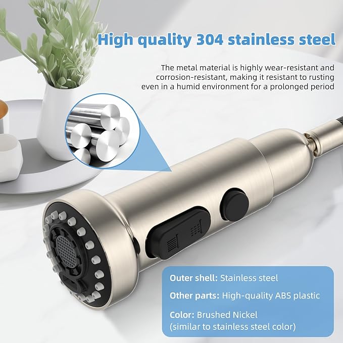 Hibbent Stainless Steels Pull Down Kitchen Faucet Head Replacement, 3 Function Sink Faucet Sprayer Head with 15 Adapters, Compatible with Moen, American Standard, Delta, Kohler Faucets, Brushed Nickel