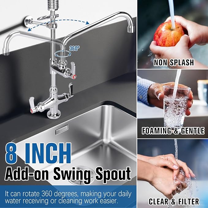 21" Height Commercial Sink Faucet Deck Mount with Pre-Rinse Sprayer, Commercial Kitchen Faucet with 8" Add-on Swing Spout Faucet & Spring Pull Down Sprayer, 8" Adjustable Center Kitchen Faucet