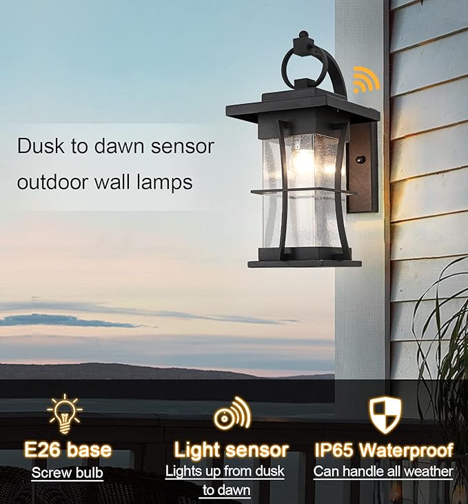 Dusk to Dawn Outdoor Wall Lantern Exterior Light Fixtures Wall Mount Porch Light with Photocell Sensor Waterproof Outside Wall Lights for House, Patio, Garage, Black with Seeded Glass