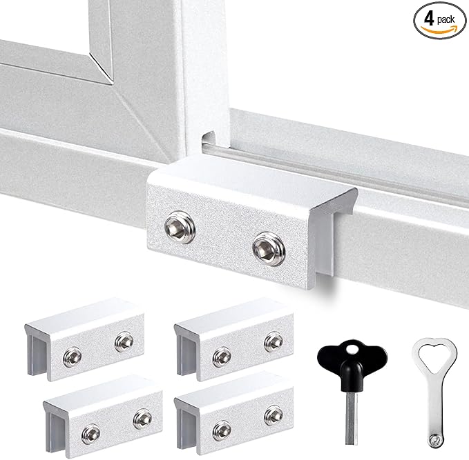 Window Locks 4 Sets Sliding Window Lock with Key for Vertical Horizontal Sliding Windows Doors Adjustable Aluminum Window Stop for Up and Down Home,Bedroom,Office(Silver Large)