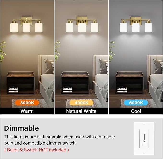 Brushed Gold Bathroom Light Fixtures, 3-Light Modern Vanity Light Over Mirror, Wall Sconces with Milky White Frosted Glass Shades, E26 Socket (Bulbs Not Included)