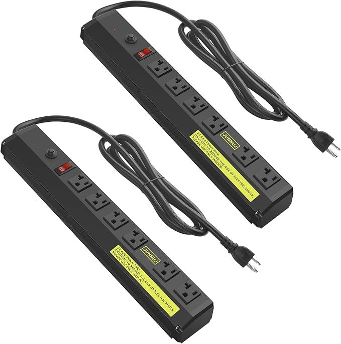 JUNNUJ 20 Amp Power Strip Heavy Duty 2 Pack,Heavy Duty 20 Amp Surge Protector 4800J, Garage Metal 6 Outlets 12 Gauge Extension Cord 10ft