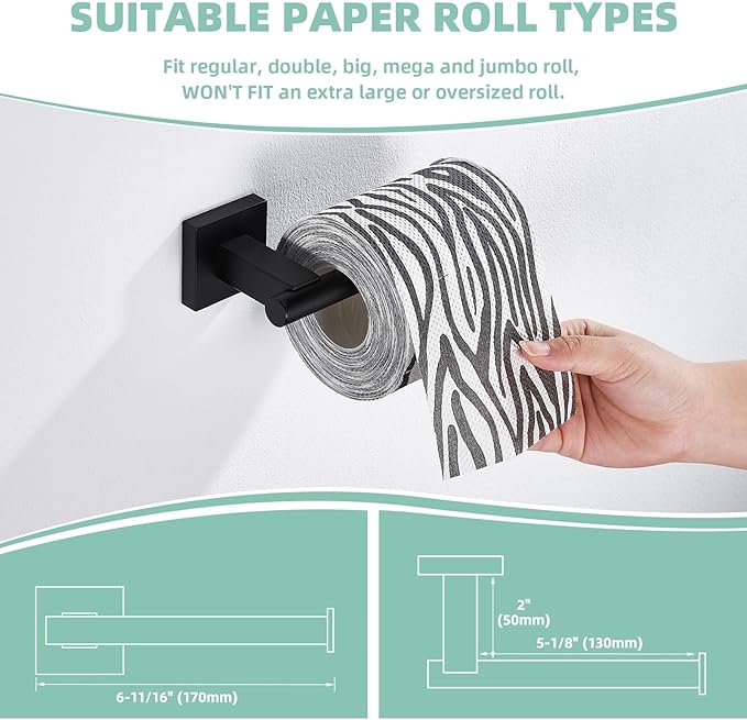 Suyar Matte Black Bathroom Hardware Set, SUS 304 Stainless Steel Bath Accessories Kit 4 PCS, Include Robe Hook, Toilet Paper Holder, Hand Towel Holder, Towel Bar, Wall Mounted