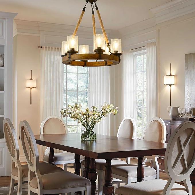 Rustic 6 Light Wagon Wheel Chandelier, Round Wood Pendant Light with Seeded Glass Shade, Farmhouse Chandeliers for Dining Room Kitchen Island Foyer Entryway