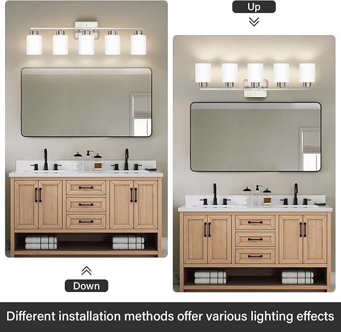 Brushed Nickel Bathroom Light Fixtures, 5-Light Modern Vanity Light Over Mirror, Wall Sconces with Milky White Frosted Glass Shades, E26 Socket (Bulbs Not Included)