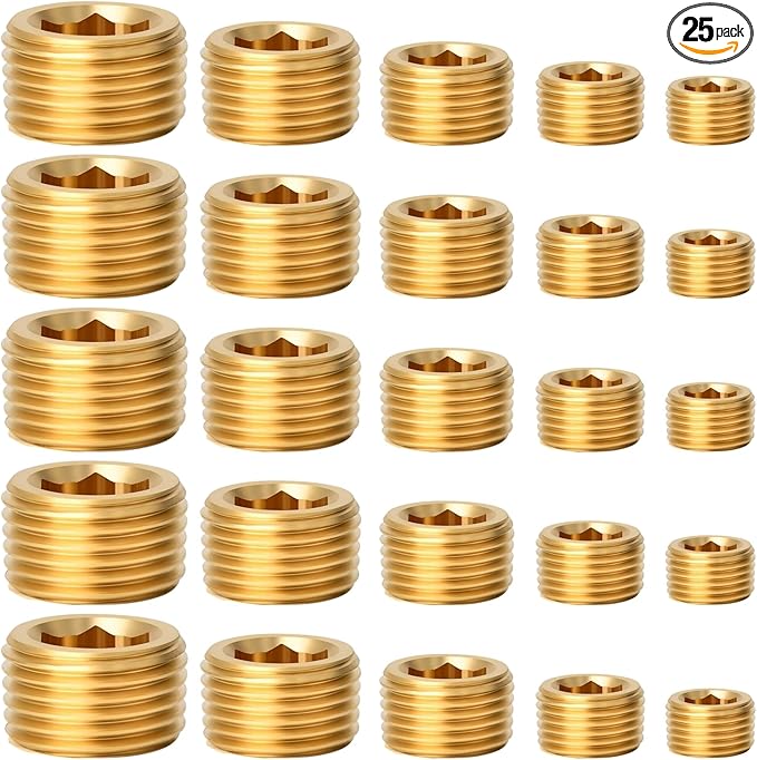 25 Pcs Brass Pipe Plug Fitting, 5 Sizes 1/8" 1/4" 3/8" 1/2" 3/4" NPT Male Internal Hex Thread Socket Pipe Plug Fitting Assortment Kit