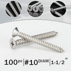 100 PCS #10X1-1/2(1.5 inch) Stainless Steel Phillips Flat Head Wood Screws,Stainless Steel 18-8 A2(304) Screw,Home Screw Kit by QISHENG