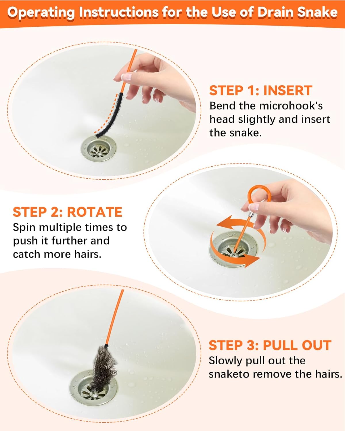 32 Inch Snake Drain Hair Removal Tool (6 Pack), Anti-Break Metal with Nylon Coating Sink Snake, Drain Cleaner Hair Catcher Remover for Shower, Bathroom Sink Tub