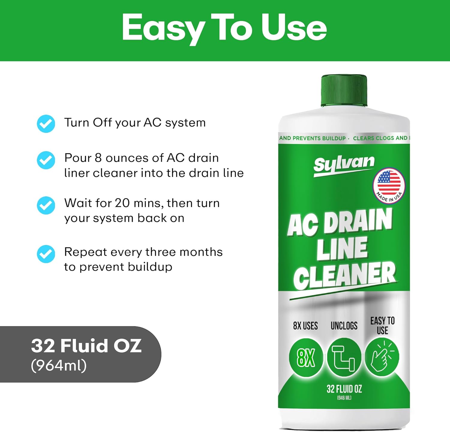 Sylvan AC Drain Line Cleaner | Free XXL Drain Brush | 32 Oz | 12 Month Supply | Made in USA | Universal Compatibility | Removes Clogs and Buildup from HVAC Condensate Lines | Air Conditioner Unclogger
