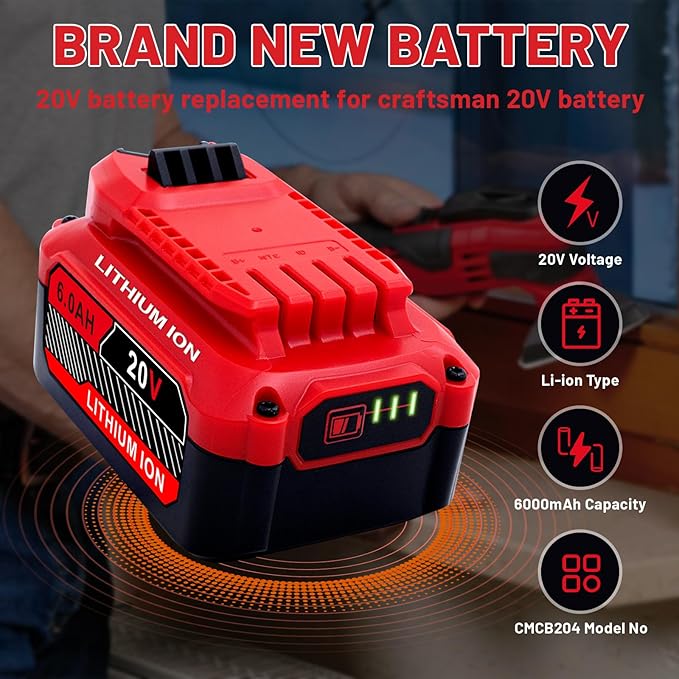 Upgrade 2-Pack 6.0Ah Batteries Replacement for Craftsman 20V Battery Compatible with Craftsman CMCB205 CMCB204 CMCB206 CMCB202 CMCB201 20V Cordless Power Tools