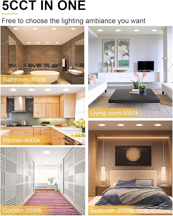 ZYC 8 Inch Recessed Lighting - 18W 1802LM Black Recessed Lighting,Dimmable 5CCT 2700K/3000K/3500K/4000K/5000K Selectable,IC Rated,Ultra-Thin Dimmable Canless Wafer Downlight Pack of 6 White.