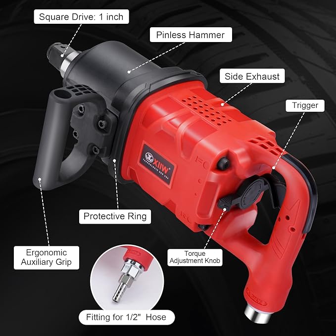 XIIW 1 Inch Air Impact Wrench, Up to 4000 ft-lbs High Reverse Torque, 27.6lbs Lightweight 1'' Pneumatic Impact Gun w/ 2 D Handles 3800RPM for Heavy Duty Repairs