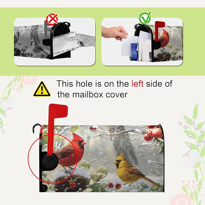 Winter Cardinal Bird Oversized Magnetic Mailbox Covers Christmas Branches Snow Mailbox Wraps Large Size 25.5 X 21 Post Letter Box Covers Home Garden Outdoor Decorations