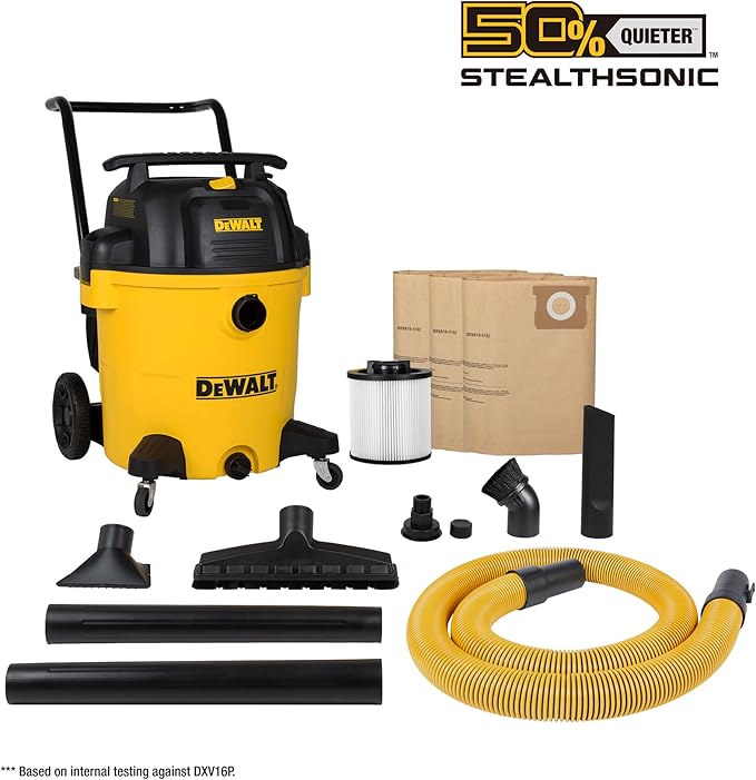 DEWALT 16 Gallon STEALTHSONIC Poly Wet/Dry Vacuum, DXV16P-QTA Noise Reduction Vac, Heavy Duty Shop Vacuum for Jobsite/Workshop, Reduce Motor Noise, Yellow