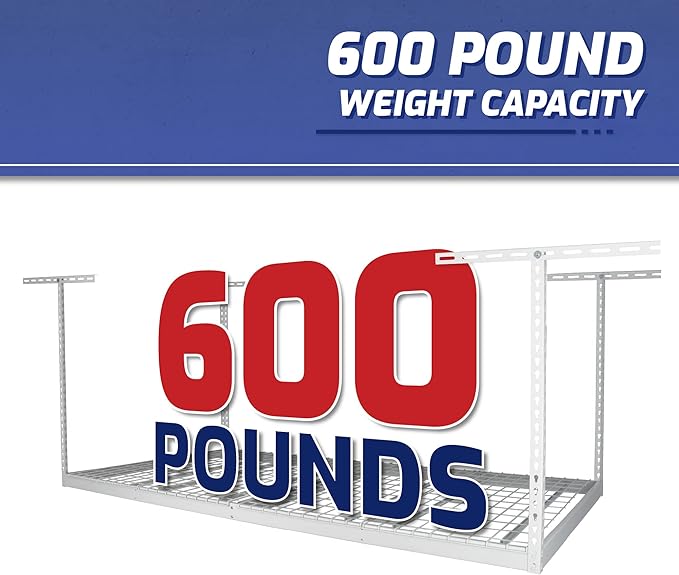 SafeRacks Overhead Garage Storage Rack, Heavy Duty Racks for Garage w/ 600 lb Capacity, Easy Garage Storage Adjustable Storage Rack Ceiling Mount Storage for Garage 4x8 White, 24"-45" (2 Pack)