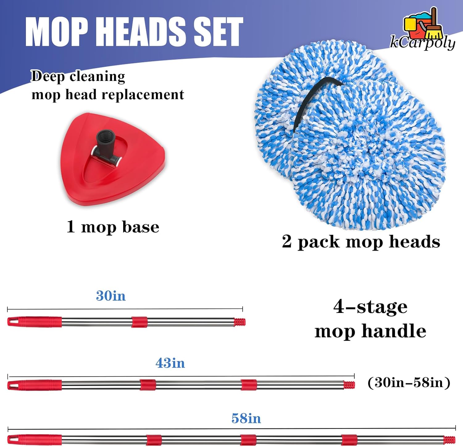 2 Pack Spin Mop Replace Head Compatible for Oceda EasyWring 1 Tank Triangle System, Microfiber Replacement Head Refills for 5.9inch Core, Included Base and 30-58in Handle