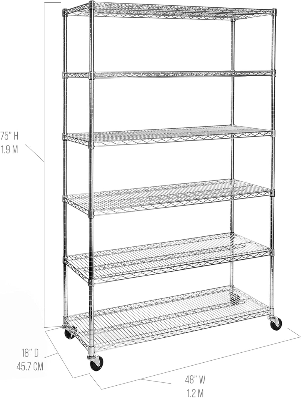 Seville Classics UltraDurable Heavy Duty NSF Solid Steel Wire Rack Storage Unit Wheels, 6-Tier Shelving, 48" W x 18" D
