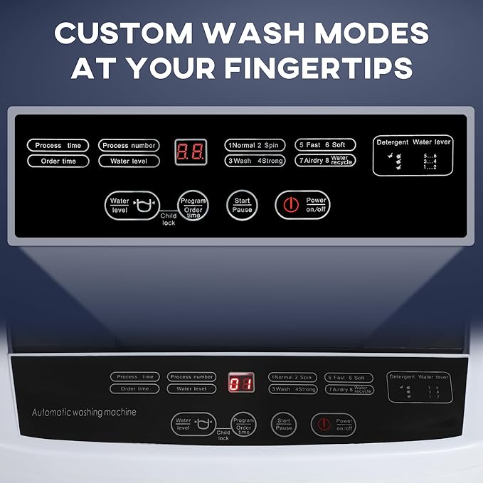 HOMCOM Portable Washing Machine, 1.3 Cu. Ft. Compact Washer with 8 Programs, 6 Water Levels, LED Display and Child Lock, 9.9 lb Full Automatic Washing Machine for Apartments, Dorms and RVs, White