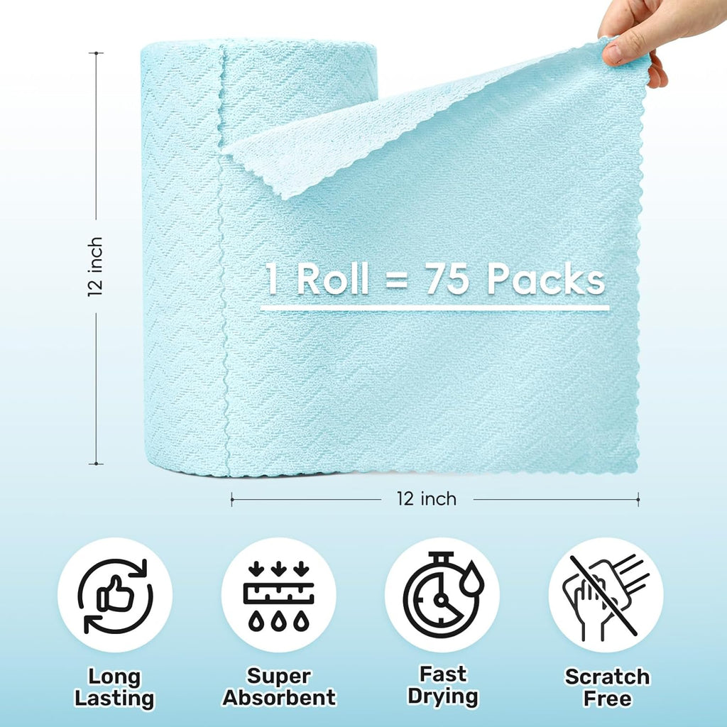Microfiber Cleaning Cloths Roll, 75 Pack Tear Away Microfiber Towels Roll, 12" x 12" Lint Free Rags, Reusable Cleaning Cloths, Washable, Scratch Free,Ultra Absorbent Dish Rags(Blue Ripple)