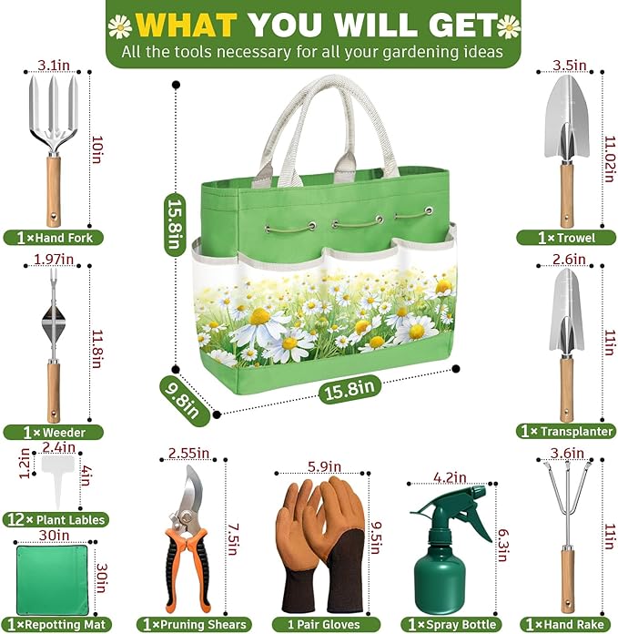 22Pcs Garden Tools Set for Women,Heavy Duty Hand Tool Kit with Large Tote Bag/Repotting Mat/Trowel/Rake/Pruner/Gloves/Plant Tags,Gardening Gifts for Mom Gardener Beginner-Green
