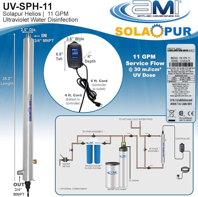 APPLIED MEMBRANES INC. Solapur Whole House Ultraviolet Water Purifier UV Sterilizer for Point of Entry Drinking Water Purification | 11 GPM | Helios Series UV-SPH-11