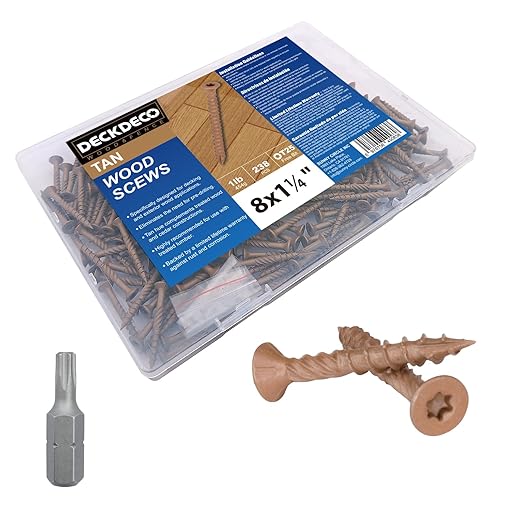 Wood Screws #8 x 1-1/4" 208pcs(Approx), Tan Ruspert Coating Exterior Deck Screws, Torx/Star Drive Flat Head,Twist Shank, Cut Tip/Thread, Bit Included, 1 lb/Box
