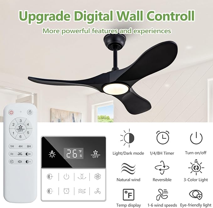 42-Inch Solid Wood Ceiling Fan with Lights, Remote Control, Dimmable, Reversible, Wood Blades, Power-Off Memory, Quiet DC Motor – Modern Black Ceiling Fan for Living Room, Bedroom, Patio