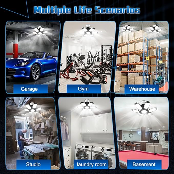 LED Garage Lights - 30000LM Super Brighter Garage Lighting w/ 6 Deformable Panels 6500K Led Shop Lights E26 Screw in Base for Basement Workshop Warehouse Attic - 2Pack