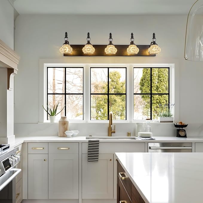 Modern Crystal Bathroom Vanity Light Black Vintage Bathroom Light Fixtures 5-Lights Glass Crystal Vanity Lights