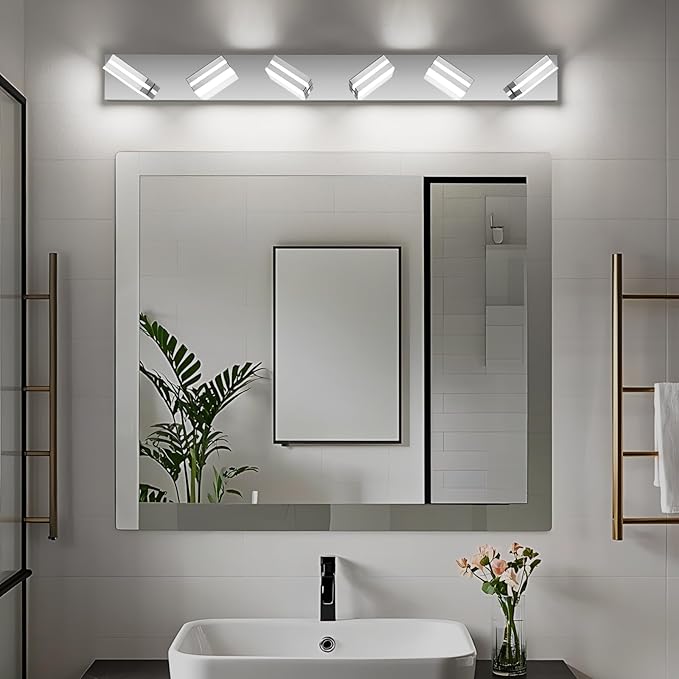 Modern LED Bathroom Lights Fixtures(6-Light),Metal Chrome Acrylic Wall Lighting,Vanity Lights for Bathroom Over Mirror(6000k 41In