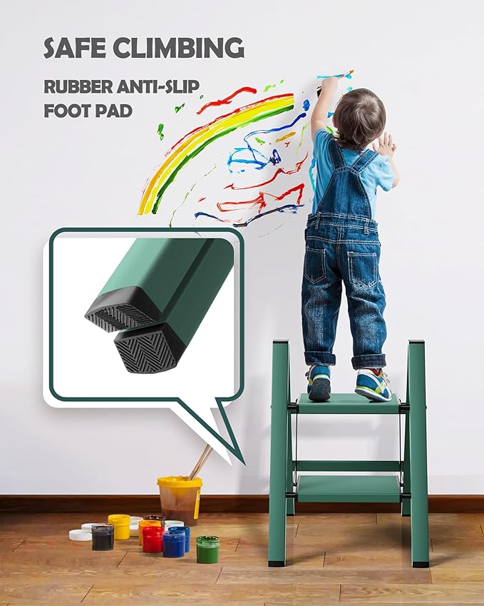 Taranta 2 Step Ladder,Aluminum Lightweight Folding 2 Step Stool with Anti-Slip Wide Pedal,330lbs Capacity Step Ladder for Household,Kitchen,Office - Green