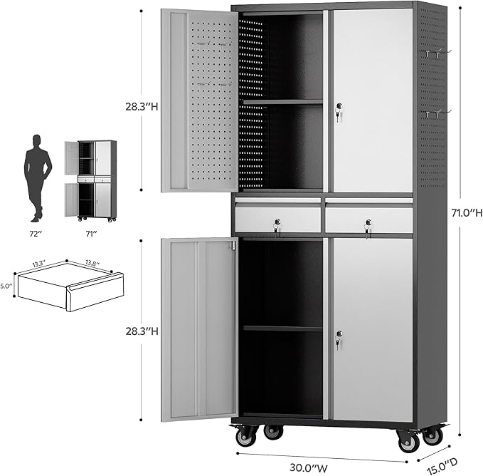 Metal Garage Storage Cabinet with 2 Drawers and 2 Adjustable Shelves, Locking Rolling Tool Storage Cabinet with Wheels and Pegboard for Garage, Home, Black and Silvery