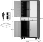 Metal Garage Storage Cabinet with 2 Drawers and 2 Adjustable Shelves, Locking Rolling Tool Storage Cabinet with Wheels and Pegboard for Garage, Home, Black and Silvery