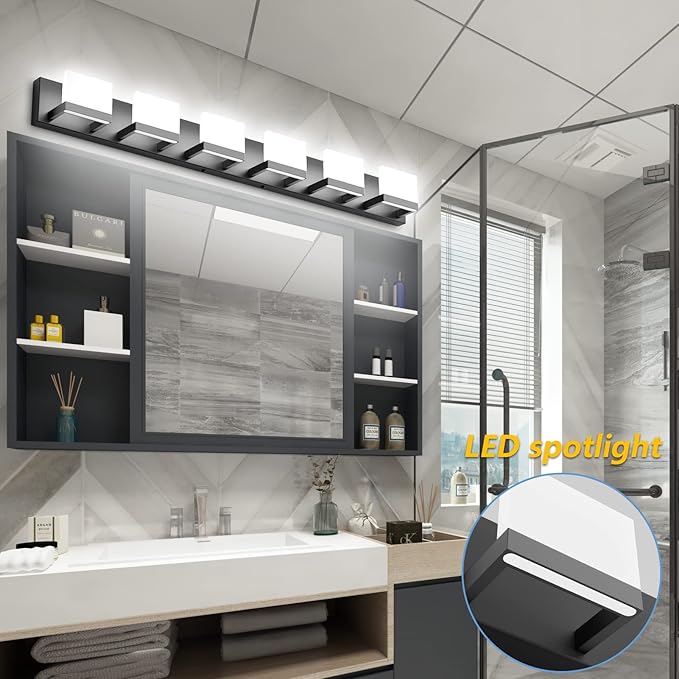 Tipace Dimmable Modern 6 Lights LED Vanity Light for Bathroom Up and Down Black Bathroom Wall Light Fixtures Over Mirror(White Light 6000K)