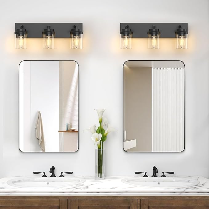 IZORRO Bathroom Vanity Light Fixture, 3-Light 22 Inch Matte Black Bathroom Light Fixtures Over Mirror, with Clear Glass Shade, Modern Farmhouse Vanity Lights, Rustic Restroom Lighting Fixtures