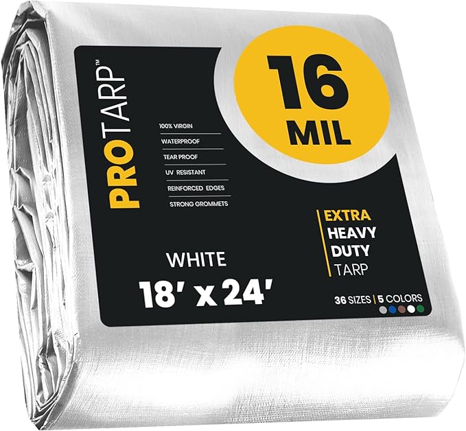 PROTARP Extra Heavy Duty 16 Mil Tarp Cover, Waterproof, UV Resistant, Rip and Tear Proof, Poly Tarpaulin with Reinforced Edges for Roof, Camping, Patio, Pool, Boat. (White 18′ X 24′)