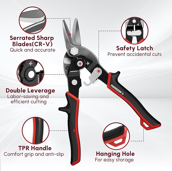 ARROW 8-inch Tin Snips for Cutting Metal Sheet, CR-V Steel Aviation Snips, High Leverage Labor-saving Metal Cutter, Left Cut