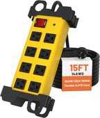 Heavy Duty Power Strip 8 Outlets - Surge Protector 2700J with 15FT Long Extension Cord, Industrial Metal Powerstrip 15Amp, Wall Mount Plug for Garage Workshop Outdoor Home Office, Wide Spaced (15ft)