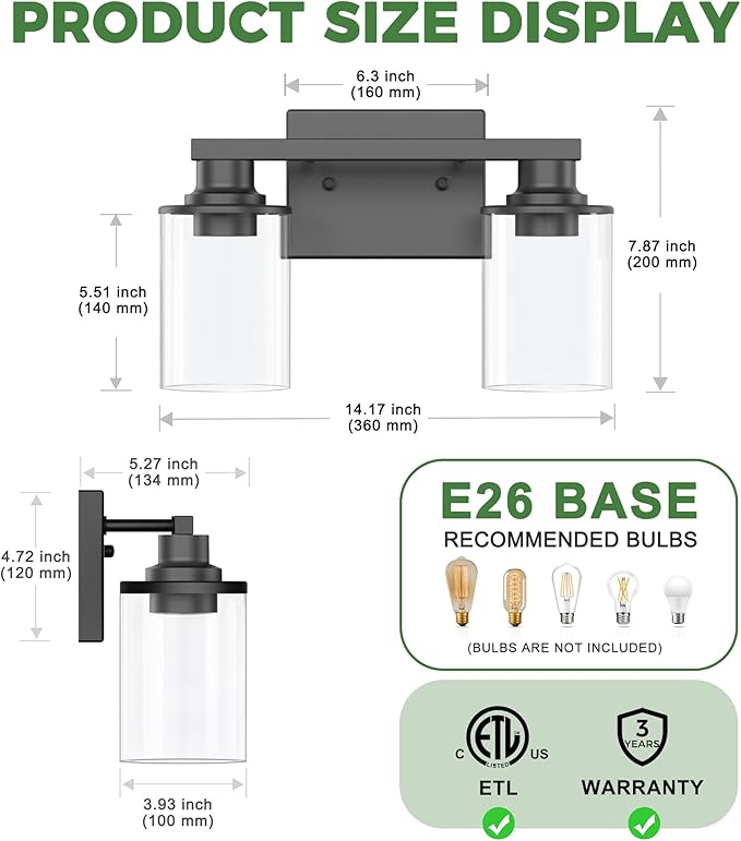 DORESshop 2-Light Black Bathroom Light Fixtures Over Mirror with Clear Glass Shade, Vanity Lights for Bathroom Mirror Hallway Bedroom Living Room, ETL Listed