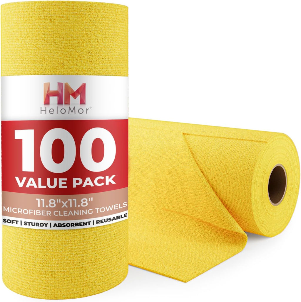 HELOMOR 100 Pack Microfiber Cleaning Cloth Roll - Tear Away Reusable Paper Towels Washable, 11.8" Ultra Absorbent Cleaning Supplies for Housekeeping, Rags Microfiber Towel, Lint Free Cloth Value Pack