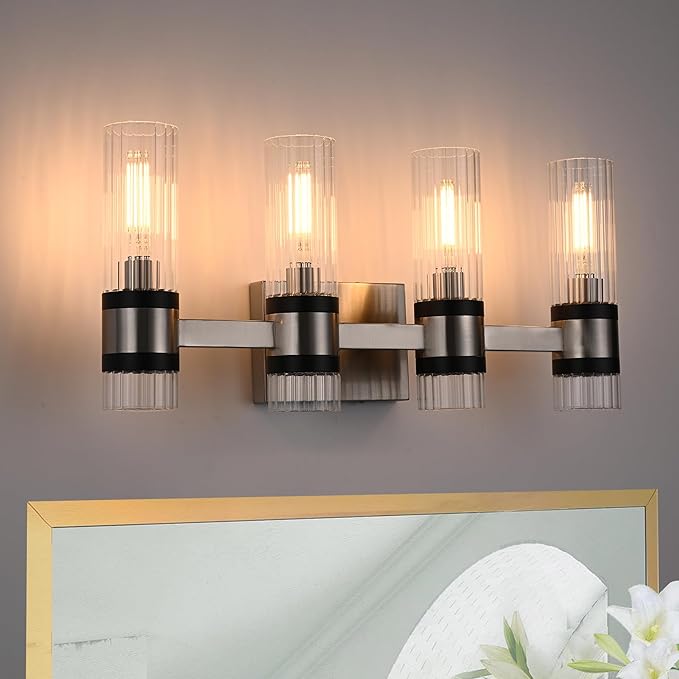 MELUCEE Bathroom Light Fixtures Over Mirror 4 Lights Brushed Nickel Vanity Lights with Ribbed Clear Glass Shade Farmhouse Wall Mount Lamp for Bath Kitchen Bedroom Hallway, E12 Base