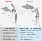 G-Promise All Metal 10 Inch Shower Head with Massage Mode Handheld, Rain Shower Head with Handheld Spray Combo, 3-Way Diverter with Pause Setting, 11 Inch Adjustable Extension Arm (Brushed Nickel)