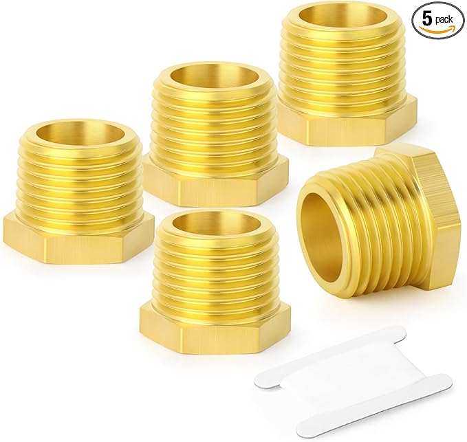 GASHER 5Pcs Brass Reducer Hex Bushing 1" NPT Male x 1/2" NPT Female, Brass Threaded Pipe Fitting