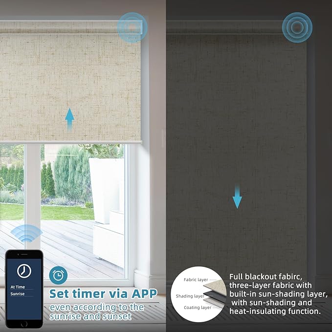 SmartWings Motorized Smart Blinds with Remote, Custom Automatic 100% Blackout Roller Shade Compatible with Alexa/Homekit/Google, Electric Smart Blinds for Indoor Windows, Linen Stone