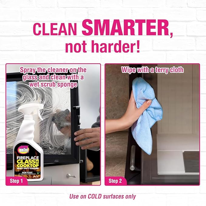 Quick 'n Brite Fireplace Glass Cleaner 24oz, Nonabrasive Cleaning Spray for Oven, Cooktops, Ceramic-Glass, Microwave Glass