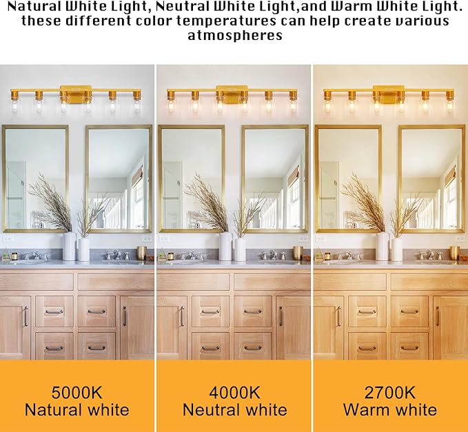 6 Light Bathroom Light Fixtures, Large Gold Bathroom Vanity Light with Clear Glass Shade, Brushed Brass Gold Bathroom Lighting Fixtures Over Mirror, Modern Wall Scones for Bedroom Living Room